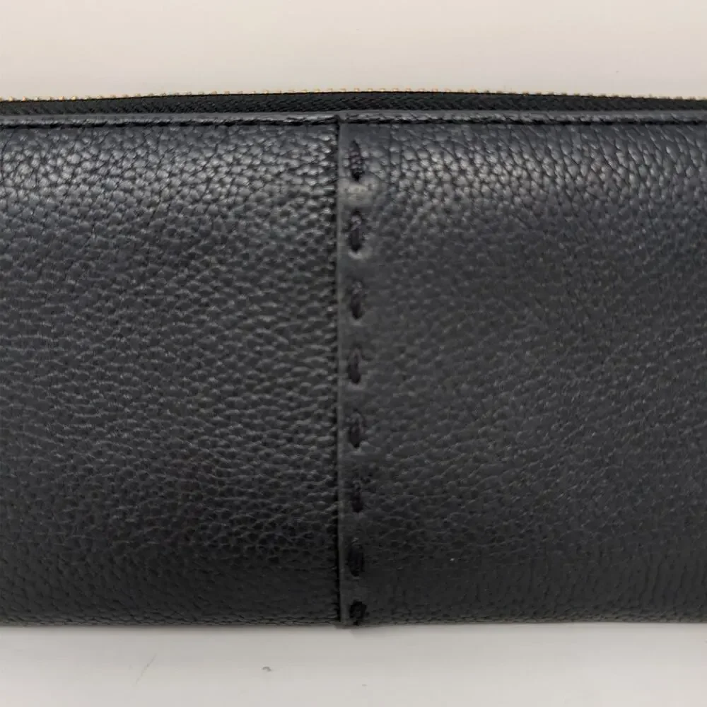 Tory Burch Black Leather Zip Around Wallet Pebbled Logo Continental